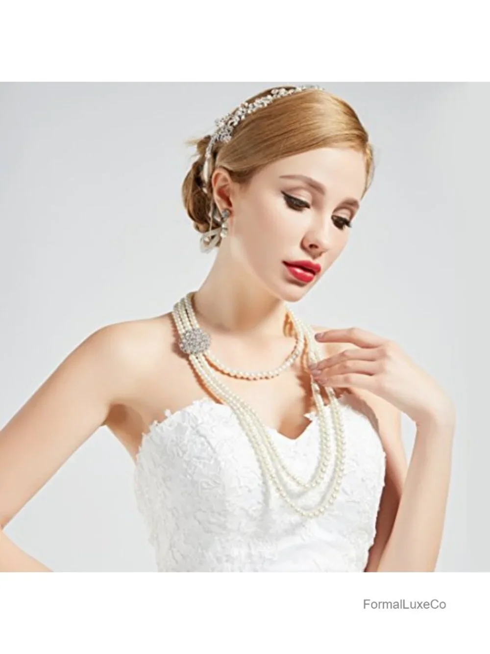 Multilayer Imitation Pearl Necklace & Earrings Set with Brooch